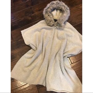French Connection Sweater Cape with Faux fur hood